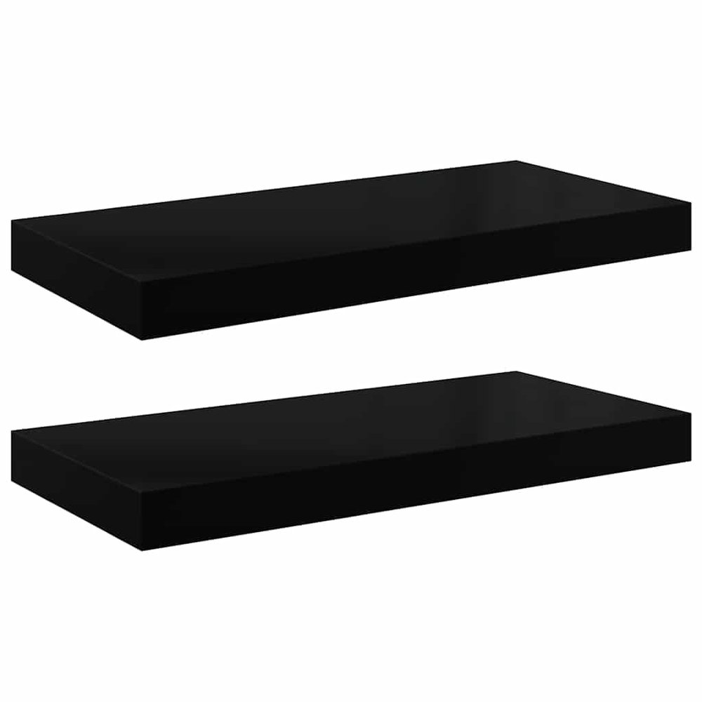 vidaXL Contemporary Floating Wall Shelves Set of 2 - High Gloss Black - 19.7"x9.1"x1.5" - Honeycomb MDF and Metal Frame - Invisible Mounting System