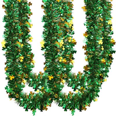 CCINEE 33FT St.Patrick's Day Tinsel Garland,Shamrock Clover Green Gold Metallic Garland for Irish Party Home Decoration
