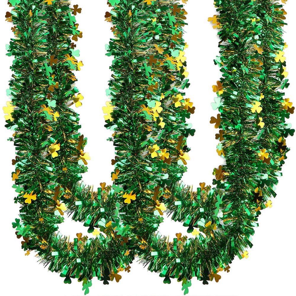 CCINEE 33FT St.Patrick's Day Tinsel Garland,Shamrock Clover Green Gold Metallic Garland for Irish Party Home Decoration