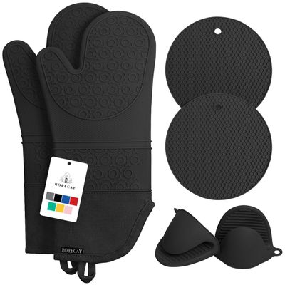 RORECAY Silicone Oven Mitts and Pot Holders Sets, Gloves for Kitchen, Black