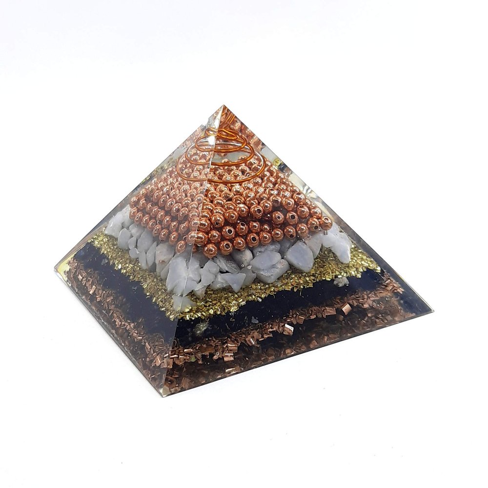 Energy Generator Angelite Stone and Black Tourmaline Stone with Copper Ball and Coppper Dust Orgone Pyramid | EMF Pyramid