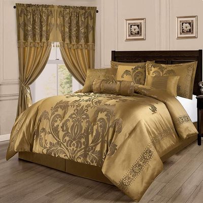 7pc Royal Jacquard Metallic Gold Comforter Sets Queen Size | Elegant Damask Floral Pattern Rich Bold Look Luxury Bedding, Vibrant Two-Tone Color Hues Sophisticated Soft Plush Fluffy Comforter Bedskirt