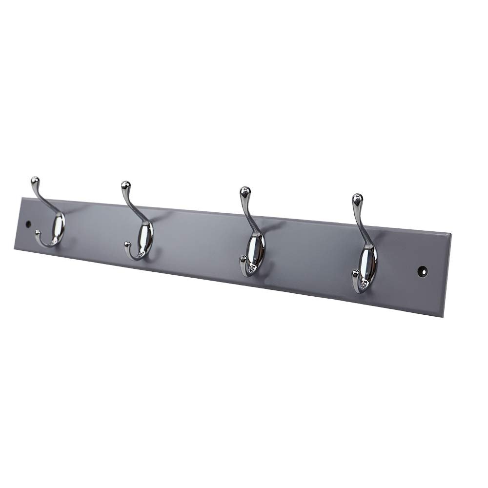 Home Basics Wall-Mounted Hanging Rack with 4 Double Hooks, (Grey) 17.75" L x 2.75" W | 20 lb. Capacity for Entryways, Bedrooms, Closets, and More