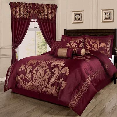 7pc Royal Jacquard Gold/Maroon Red Comforter Sets Cal King | Elegant Damask Floral Pattern Rich Bold Look Luxury Bedding, Vibrant Two-Tone Color Hues Sophisticated Soft Plush Fluffy Comforter Bedskirt