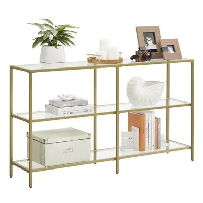 VASAGLE 51.2 Inch Console Table with 3 Shelves, Sofa Tables, Modern Entryway Table, Metal Frame, Tempered Glass Shelf, Entryway Living Room Bedroom, Metallic Gold and Transparent ULGT024A01