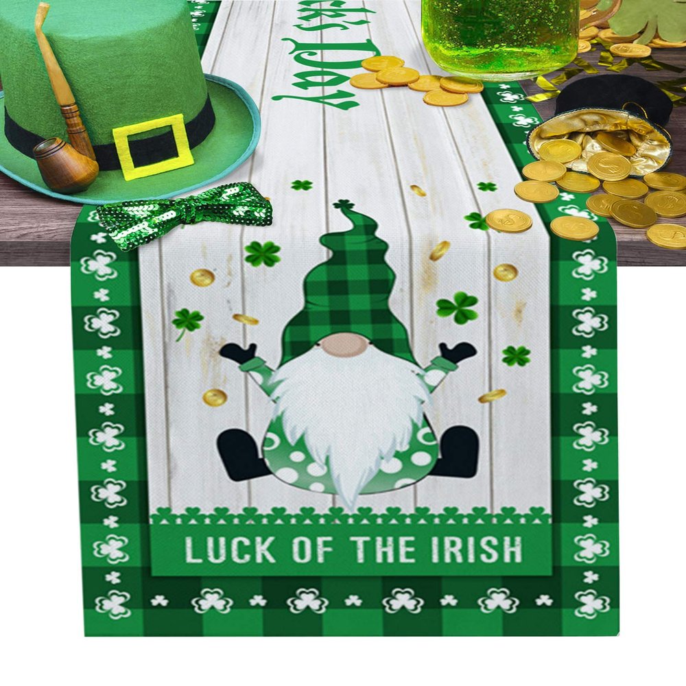 Edwiinsa St. Patrick's Day Gnomes Lucky Coin Table Runner-Cotton Linen Long 90 inch, Wood Grain Green Buffalo Checkered Tablerunner for Kitchen Coffee/Dining/End Table Scarfs Decor for Holiday Dinner