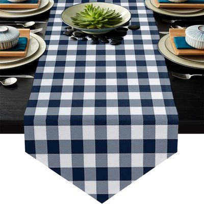 IDOWMAT Burlap Table Runner for Holiday Party, Banquets, Easy to Clean Buffalo Plaid Checkered Navy Blue and White Non-Slip Dining Table Runner for Kitchen Decor Everyday Use, Washable 13 by 90 Inch