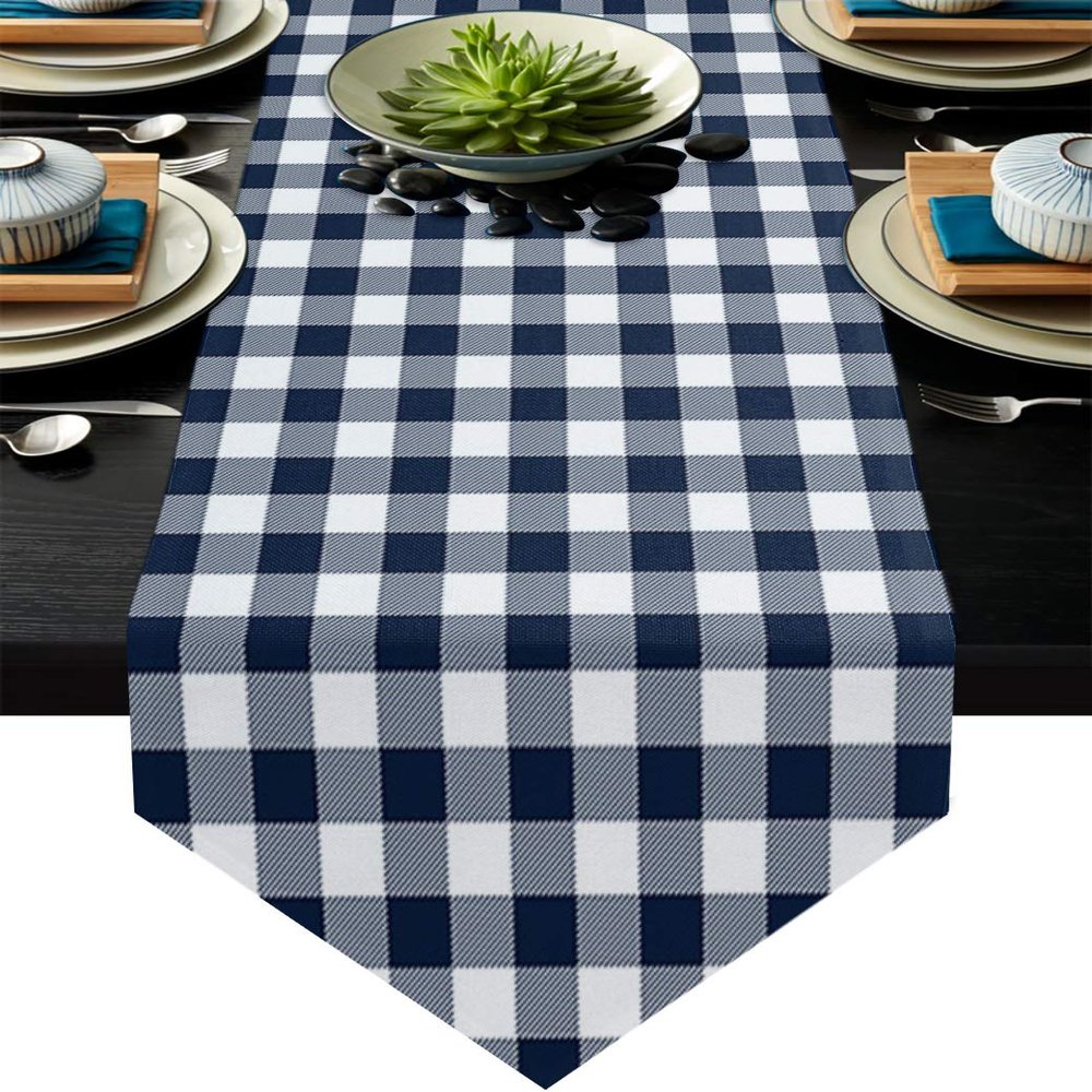 IDOWMAT Burlap Table Runner for Holiday Party, Banquets, Easy to Clean Buffalo Plaid Checkered Navy Blue and White Non-Slip Dining Table Runner for Kitchen Decor Everyday Use, Washable 13 by 90 Inch