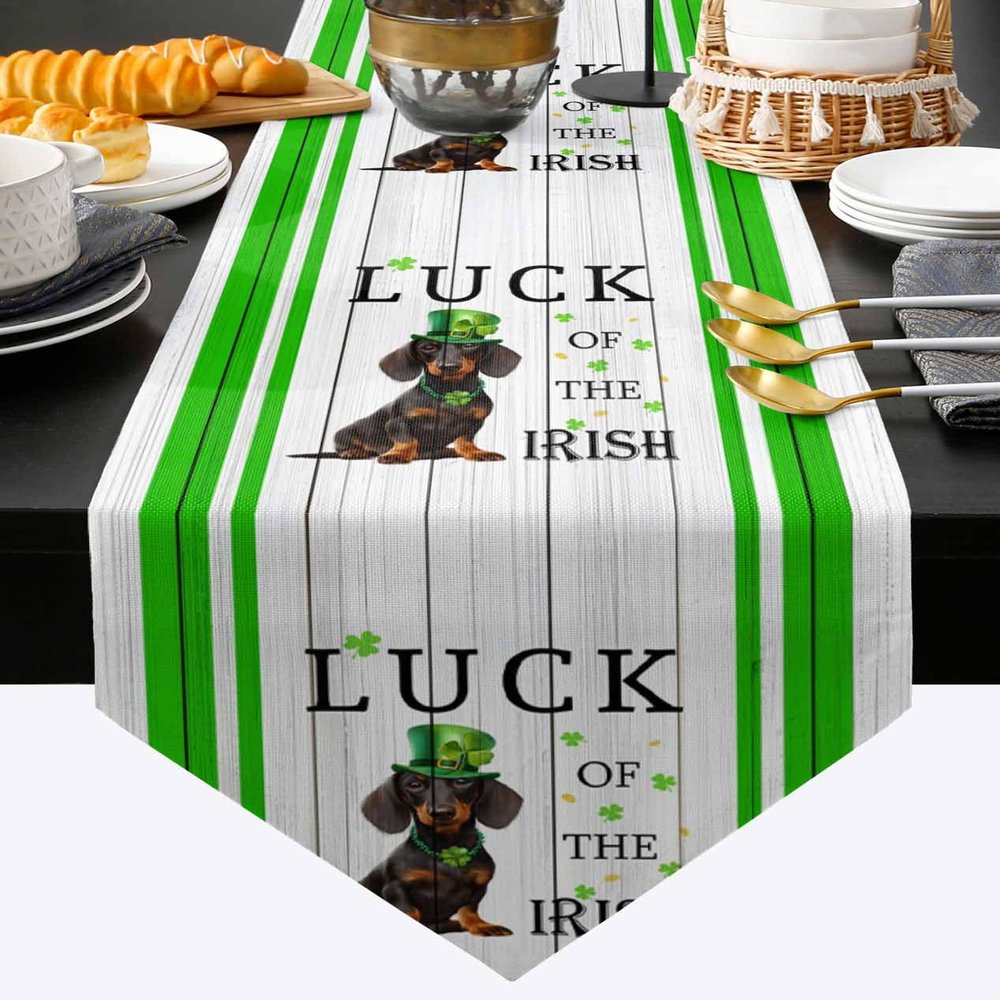 Cotton and Linen Triangle Table Runners 70 Inches Long, Dachshund Dog Biting Clover Luck of Irish, Dresser Scarves Table Decor for Wedding/Party/Ceremony/Banquet St. Patrick's Day Rustic Wood Board