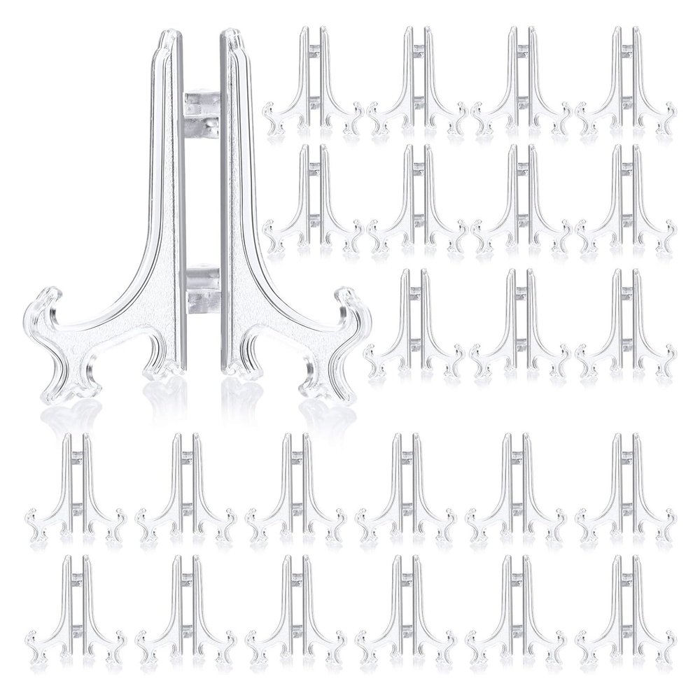 Patelai 48 Pieces Mini Easel Stands Plastic Plate Stand Holder Display Picture Easel for Display Picture Frame Collectibles Desktop Weddings Party Home Decoration(3 Inch,Clear)