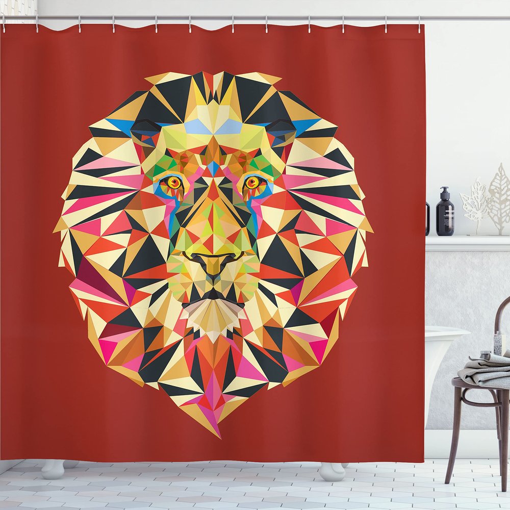 Ambesonne Zoo Shower Curtain, Colorful Animals Geometric Diamond Face Lions Mane Savannah Wildlife Theme Image Print, Cloth Fabric Bathroom Decor Set with Hooks, 69" W x 75" L, Maroon