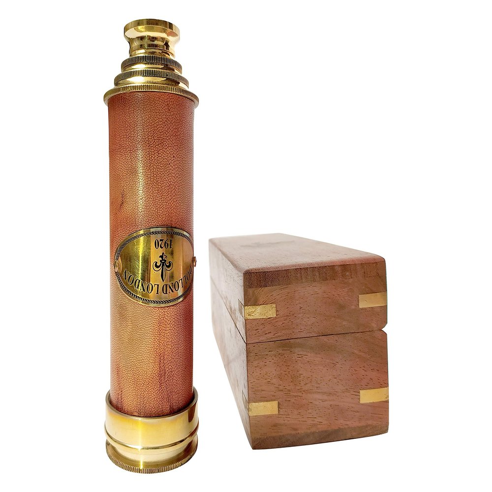 A.A.Nauticals - 15 Inch Dolland London Brass & Orange Leather Telescope with Wood Box and Cap Lid - Handmade Unique Antique Nautical Reproduction Rustic Decor and Gift Item (Golden-Polished Brass)