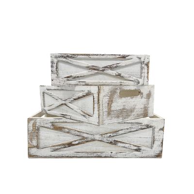 Admired By Nature Wooden Crates Storage Container, 3pc Farmhouse Style Decorative Baskets for Home Decor, Rustic Decor, Nesting Stackable Organizers, Distressed Wood Crates, Achromatic Barn Door White