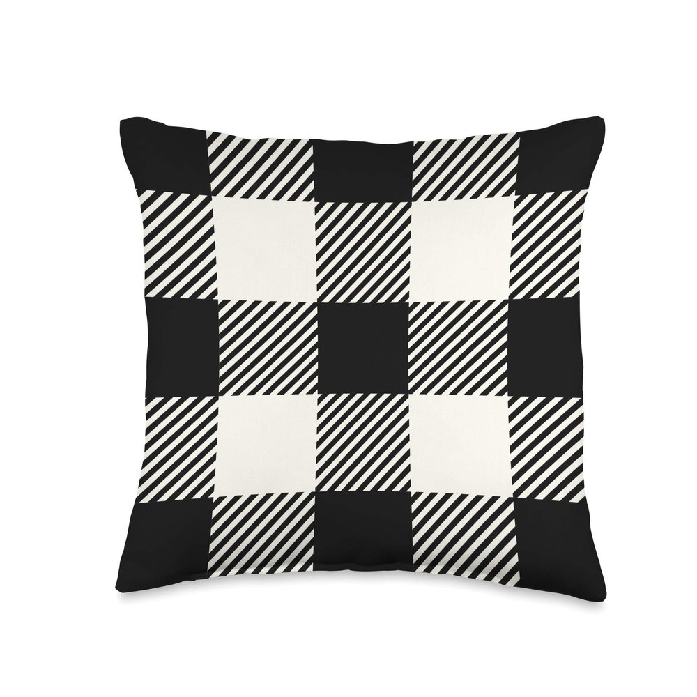 Cream and Black Buffalo Check Plaid Ivory Large Pattern Throw Pillow