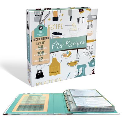 Better Kitchen Products Recipe Binder, 8.5" x 9.5" 3 Ring Binder Organizer Set (with 50 Page Protectors, 100 4" x 6" Recipe Cards & 12 Category Divider Tabs) Vintage Kitchen Design
