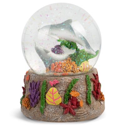 Elanze Designs Dolphins Playing in The Reef Fish Coral Seaweed Mother Daughter Tabletop Figurine 100MM Musical Glitter Water Snow Globe Plays Song by The Beautiful Sea