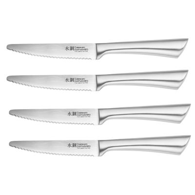 Cuisine::pro Damashiro Japanese Steel Steak knife, Set of 4 - Premium Quality 420J2 Steel, Serrated Blades, Ice Hardened, Seamless Stainless Steel Handle