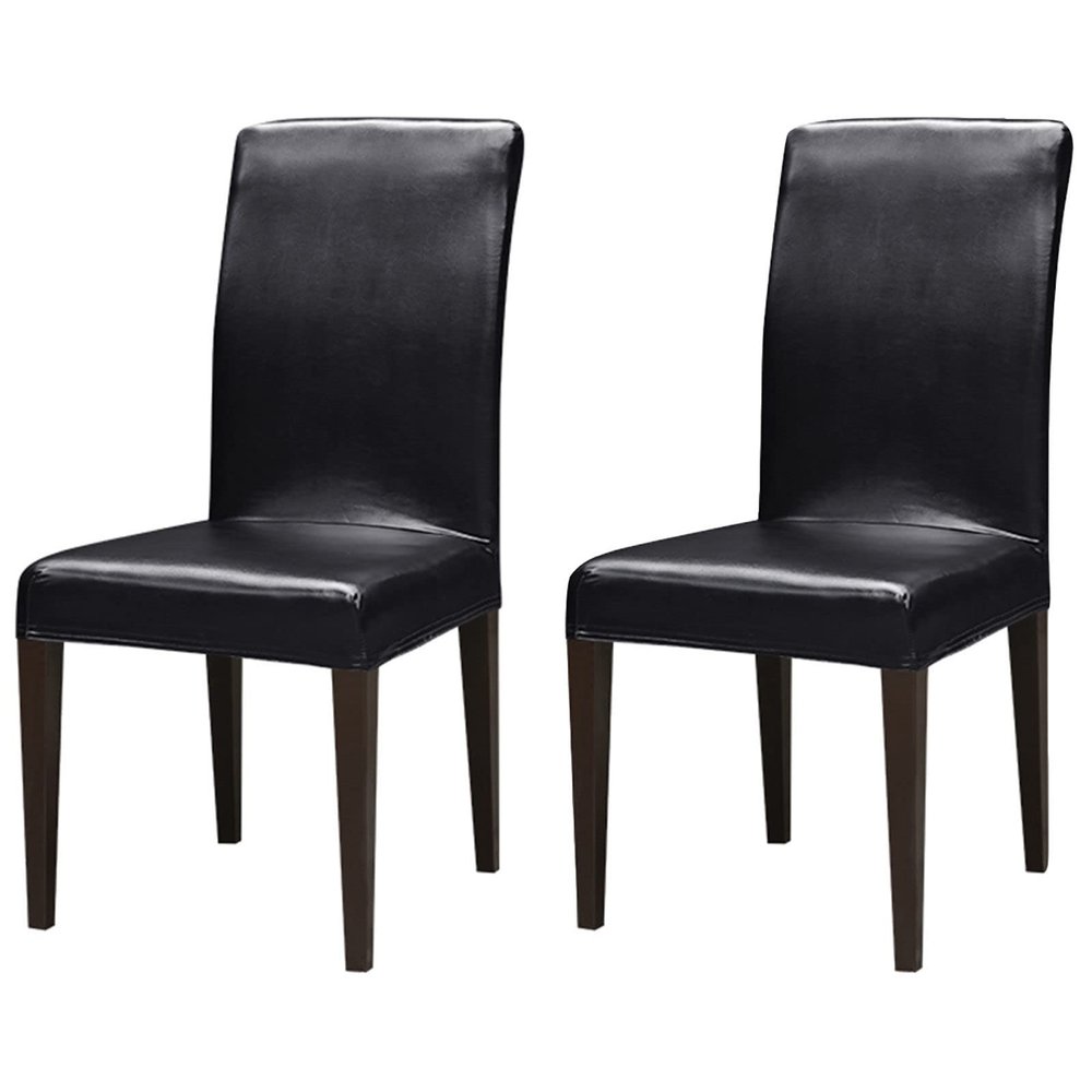 JHLD PU Leather Dining Chair Covers, Stretch Chair Slipcover Soft Waterproof Chair Protector Chair Covers for Dining Room for Kitchen Room Hotel-Black-Set of 2