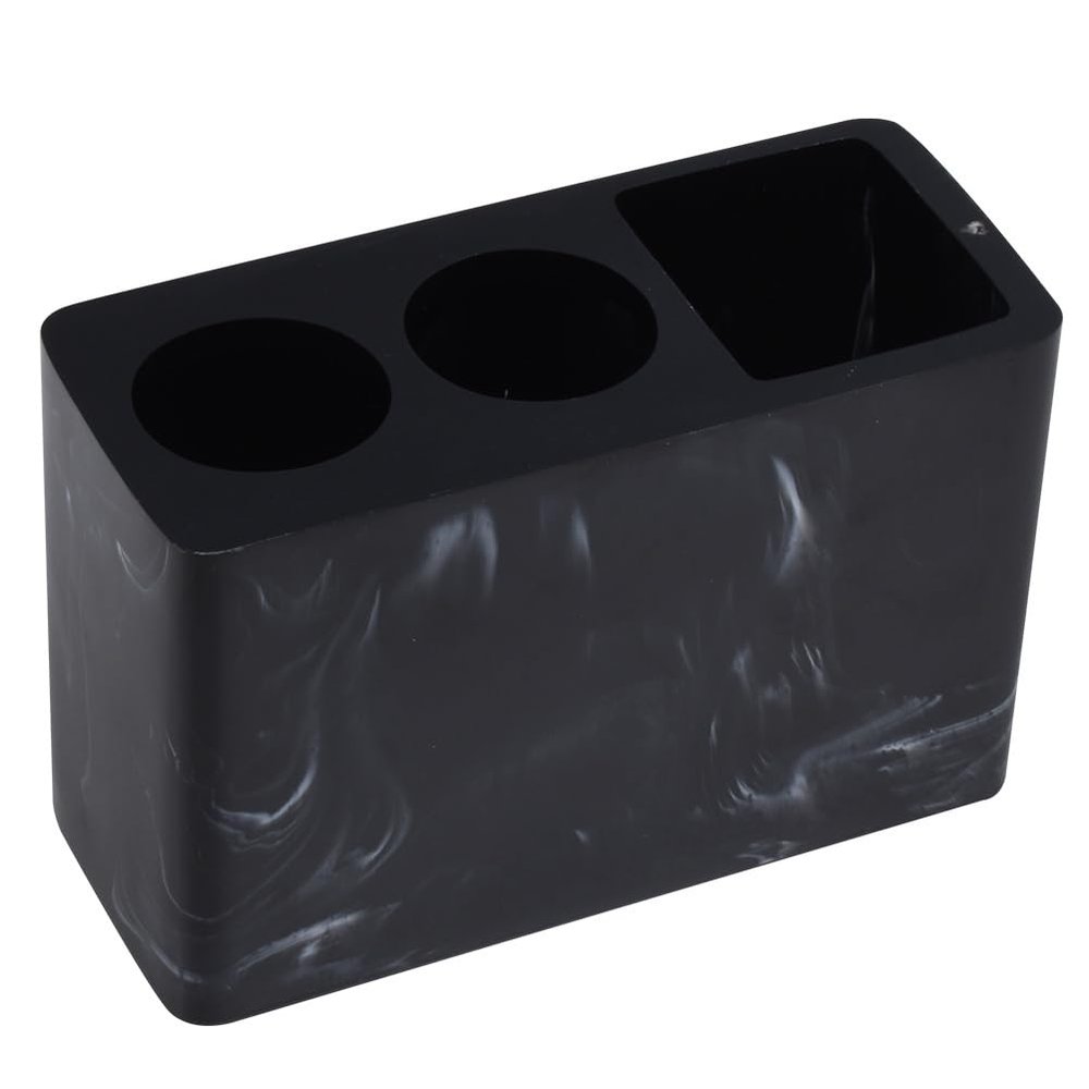 English: Resin Marble Texture Toothbrush Holder Stand - Black Bathroom Countertop Organizer for Toothpaste and Toiletries