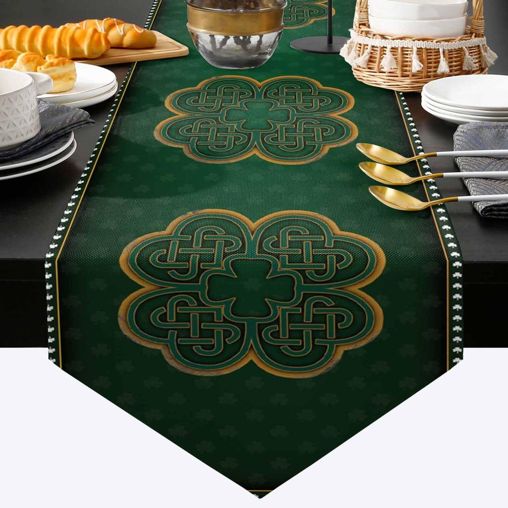 Cotton and Linen Triangle Table Runners 70 Inches Long, St. Patrick's Day Celtic Knots Dresser Scarves Table Decoration for Wedding Party/Ceremony/Banquet (13x70 inch) Saint Lucky Clover Irish Texture