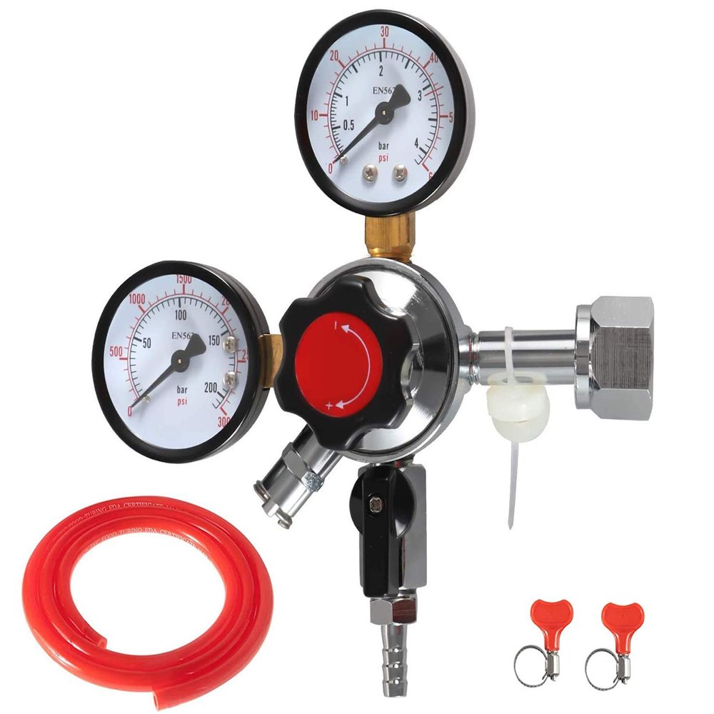 Beer Keg CO2 Regulator CGA320 -Brand LUCKEG Kegerator Regulator with Safety Pressure Relief Valve, Include 5ft Red Gas Line and Worm Clamps for Home Brewing Keg Kegging