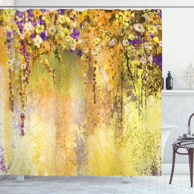 Ambesonne Flower Shower Curtain, Abstract Herbs Alternative Medicine Blossoms Ivy Back Florets Shrubs Design, Cloth Fabric Bathroom Decor Set with Hooks, 69" W x 84" L, Mustard Purple