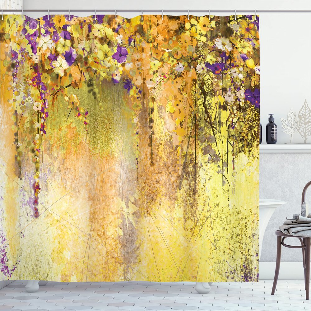 Ambesonne Flower Shower Curtain, Abstract Herbs Alternative Medicine Blossoms Ivy Back Florets Shrubs Design, Cloth Fabric Bathroom Decor Set with Hooks, 69" W x 84" L, Mustard Purple