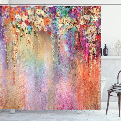 Ambesonne Flower Shower Curtain, Abstract Herbs Alternative Medicine Blossoms Ivy Back Florets Shrubs Design, Cloth Fabric Bathroom Decor Set with Hooks, 69" W x 84" L, Peach Fuchsia