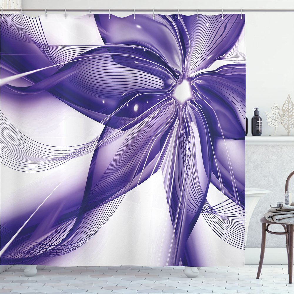 Ambesonne Abstract Shower Curtain, Geometrical Smoke Like Striped Huge Flower Floral Design Work of Art, Cloth Fabric Bathroom Decor Set with Hooks, 69" W x 84" L, Dark Lavender