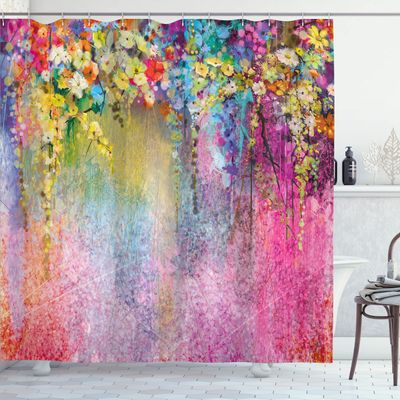 Ambesonne Flower Shower Curtain, Abstract Herbs Alternative Medicine Blossoms Ivy Back Florets Shrubs Design, Cloth Fabric Bathroom Decor Set with Hooks, 69" W x 75" L, Pastel Pink