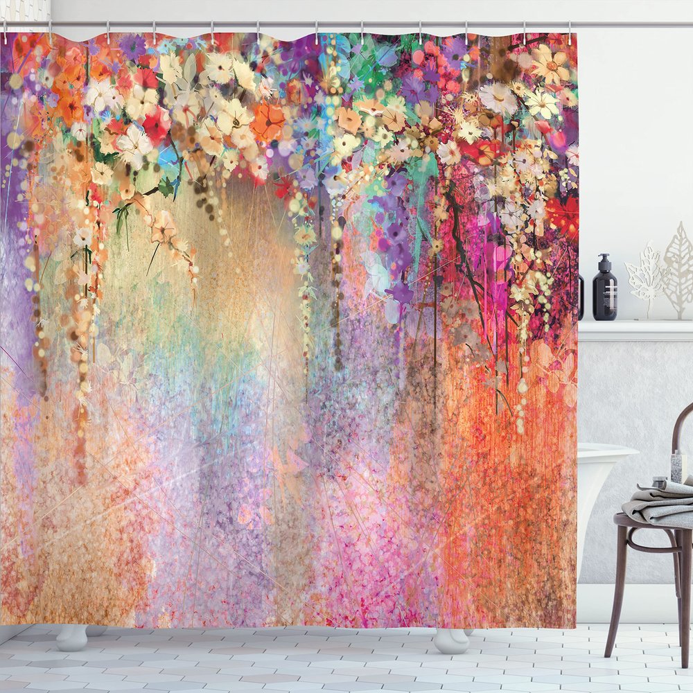 Ambesonne Flower Shower Curtain, Abstract Herbs Alternative Medicine Blossoms Ivy Back Florets Shrubs Design, Cloth Fabric Bathroom Decor Set with Hooks, 69" W x 75" L, Peach Fuchsia