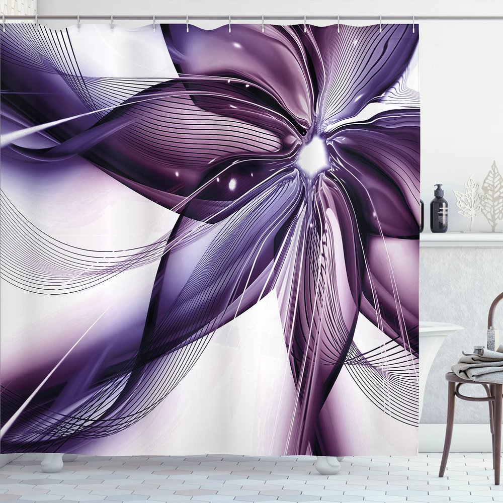 Ambesonne Abstract Shower Curtain, Geometrical Smoke Like Striped Huge Flower Floral Design Work of Art, Cloth Fabric Bathroom Decor Set with Hooks, 69" W x 75" L, Blue Violet