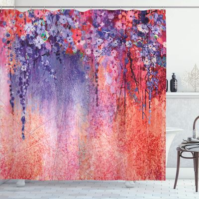 Ambesonne Flower Shower Curtain, Abstract Herbs Alternative Medicine Blossoms Ivy Back Florets Shrubs Design, Cloth Fabric Bathroom Decor Set with Hooks, 69" W x 84" L, Salmon Violet