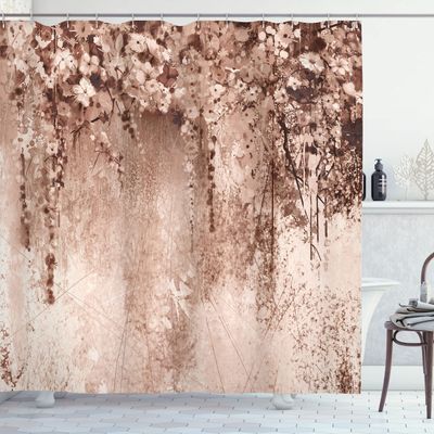 Ambesonne Flower Shower Curtain, Abstract Herbs Alternative Medicine Blossoms Ivy Back Florets Shrubs Design, Cloth Fabric Bathroom Decor Set with Hooks, 69" W x 84" L, Pale Salmon