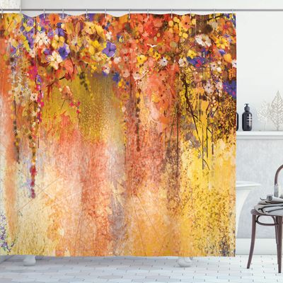 Ambesonne Flower Shower Curtain, Abstract Herbs Alternative Medicine Blossoms Ivy Back Florets Shrubs Design, Cloth Fabric Bathroom Decor Set with Hooks, 69" W x 84" L, Violet Marigold