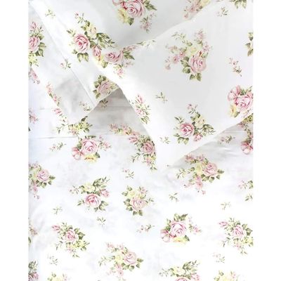 3pc French Country Style 400TC Cotton Bed Sheets Twin Size | Charming Florals Rose Print Botanical Vintage Shabby Chic Bedding Set Lightweight Comfortable Soft Warm Cozy Green Blush Pink Fitted Sheets