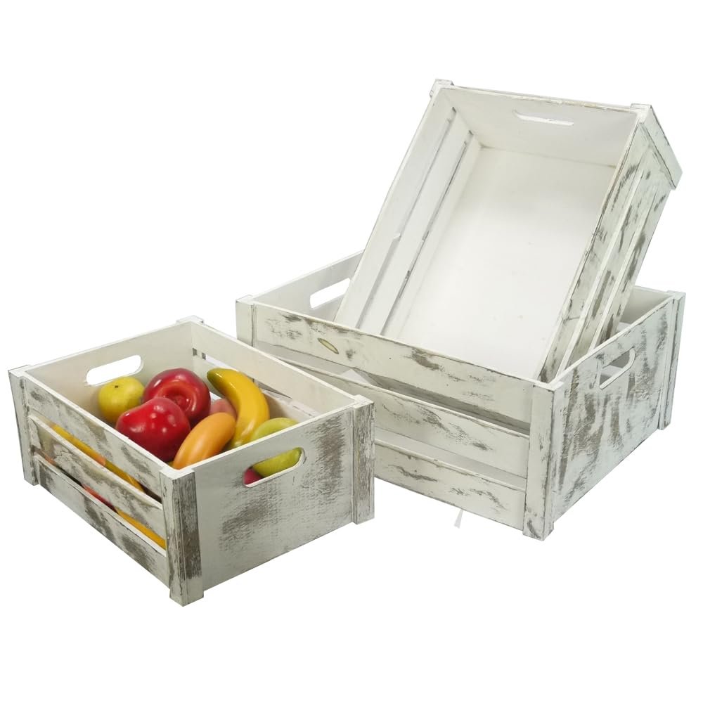 Admired By Nature Wooden Crates Storage Container, Big Rustic White Set of 3, Farmhouse Style Decorative Baskets for Home Decor, Rustic Decor, Nesting Stackable Organizers, Distressed Wood Crates