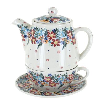 Blue Rose Polish Pottery - Red Tara Tea For One - 7.5" Tall - Decorative Teapot with Matching Cup, Unique Gift for Tea Lovers and Collectors