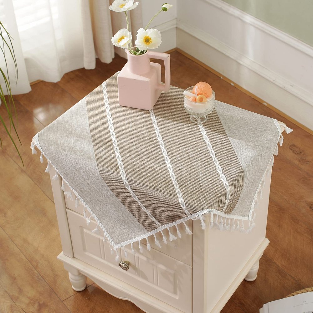 HPX HOME 2pcs Brown Linen Small Tablecloth Boho Farmhouse Bedside Square Table Cover Stitching Tassel Washable Table Cloth for End Table Tabletop Decoration Square, 23 x 23 Inch