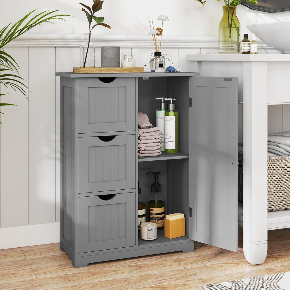 Giantex Bathroom Floor Cabinet, Wooden Storage Cabinet with 1 Door & 3 Drawer, Free Standing Entryway Cupboard, Space-Saving Cabinet