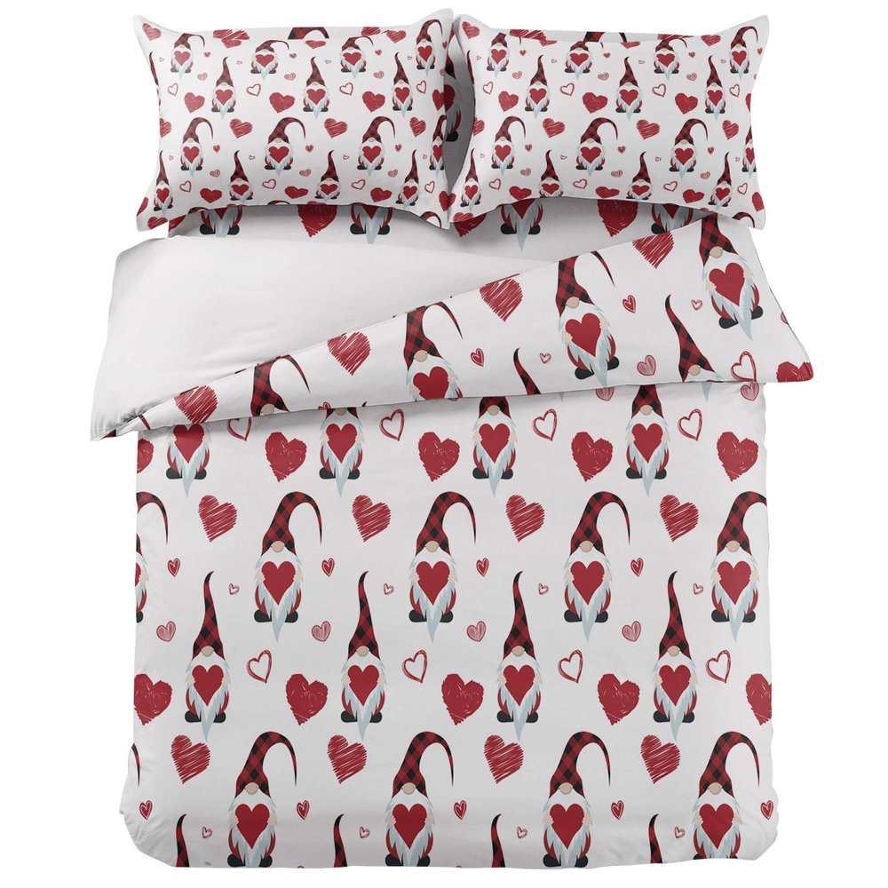 Queener Home 4 Pieces Duvet Cover Sheet Set, Valentine's Day Gnomes and Red Love Heart Bedding Sets Full Luxury Soft Bed Quilt Cover Bedspread with Decorative Pillowcases Valentine's Day