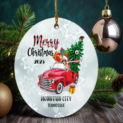Christmas Red Metal Pickup Truck Xmas Tree Ornaments 2020 With Name City State Mountain City Tennessee Xmas Ornament Holidays Party Decoration for Home Decor Funny Gift Family Friend