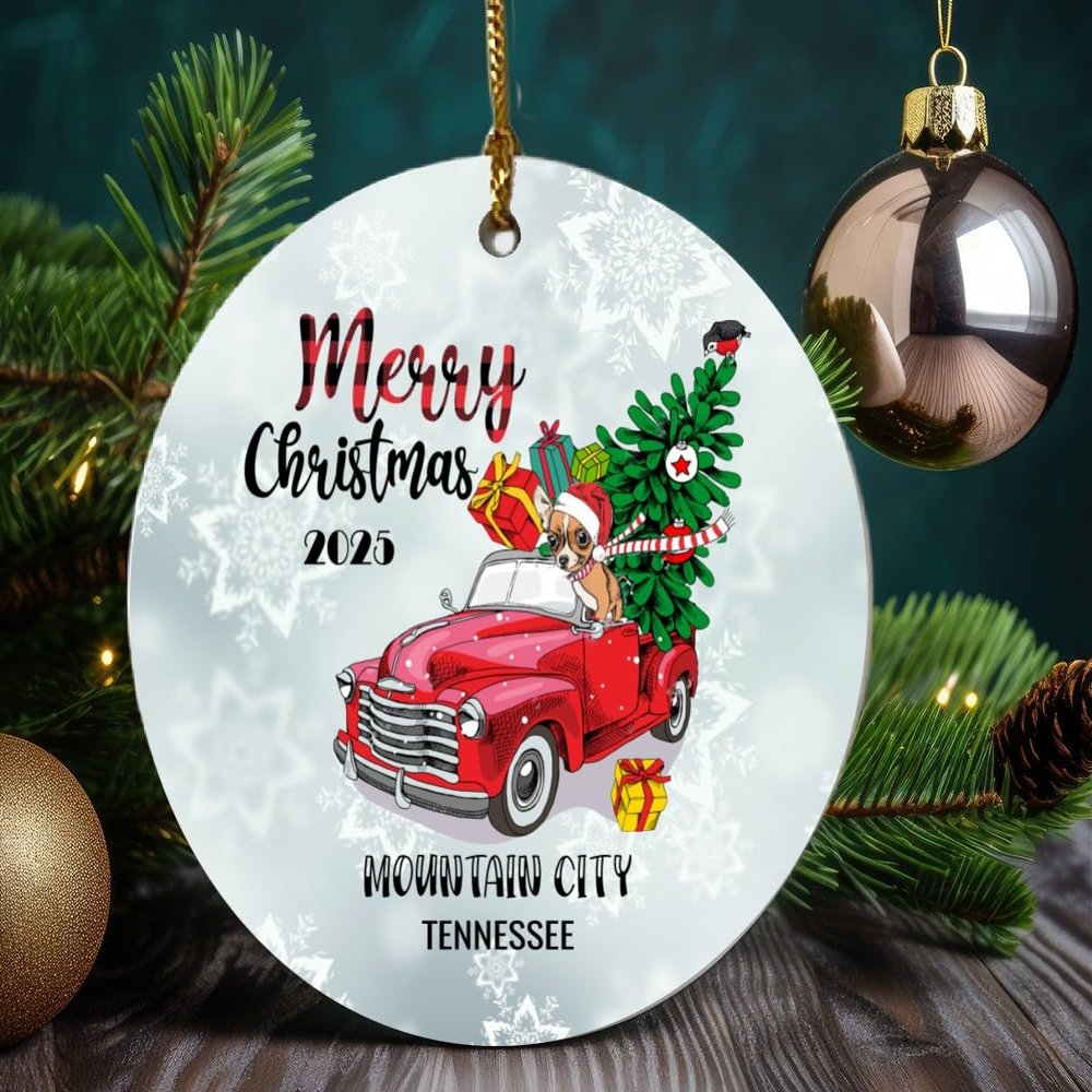 Christmas Red Metal Pickup Truck Xmas Tree Ornaments 2020 With Name City State Mountain City Tennessee Xmas Ornament Holidays Party Decoration for Home Decor Funny Gift Family Friend