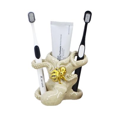 5-inch Gold Octopus Toothbrush Holder - Resin Bathroom Organizer with Mother & Baby Design, Nautical Theme Decor & Suction Cup Base