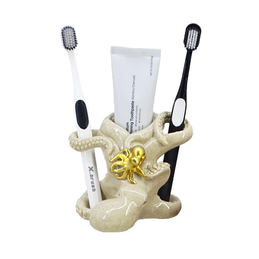 5-inch Gold Octopus Toothbrush Holder - Resin Bathroom Organizer with Mother & Baby Design, Nautical Theme Decor & Suction Cup Base