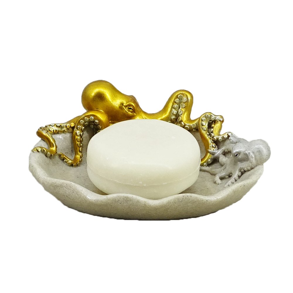 5-inch Octopus Soap Dish - Loyal Gold Resin Bathroom Decor with Mother & Baby Design, Cast Iron Inspired Coastal Organizer