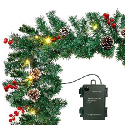 10Ft Christmas Garland with 50 LED Lights - 2 Pack Pre-lit Outdoor Xmas Garland with Timer - Pine Garland with Red Berries Snow Pine Cones - 10 Foot by 10 Inch