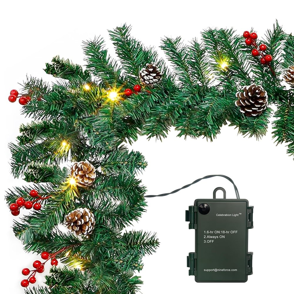 10Ft Christmas Garland with 50 LED Lights - 2 Pack Pre-lit Outdoor Xmas Garland with Timer - Pine Garland with Red Berries Snow Pine Cones - 10 Foot by 10 Inch