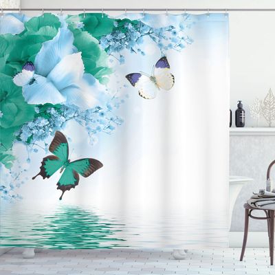 Ambesonne Floral Shower Curtain, Nature Theme Wild Flowers Monarch Flying Butterflies Lily on Lake Therapy Spa, Cloth Fabric Bathroom Decor Set with Hooks, 69" W x 84" L, Almond Green