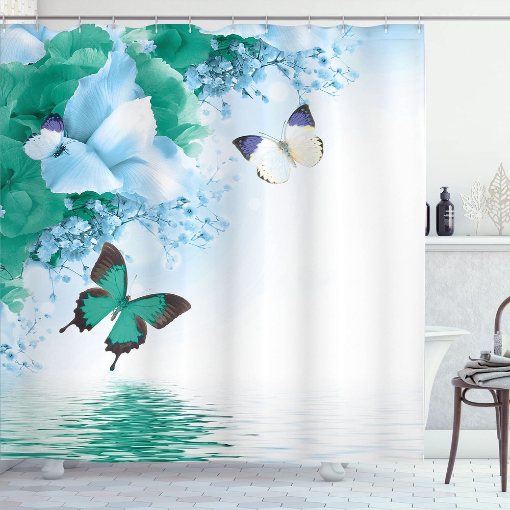 Ambesonne Floral Shower Curtain, Nature Theme Wild Flowers Monarch Flying Butterflies Lily on Lake Therapy Spa, Cloth Fabric Bathroom Decor Set with Hooks, 69" W x 84" L, Almond Green